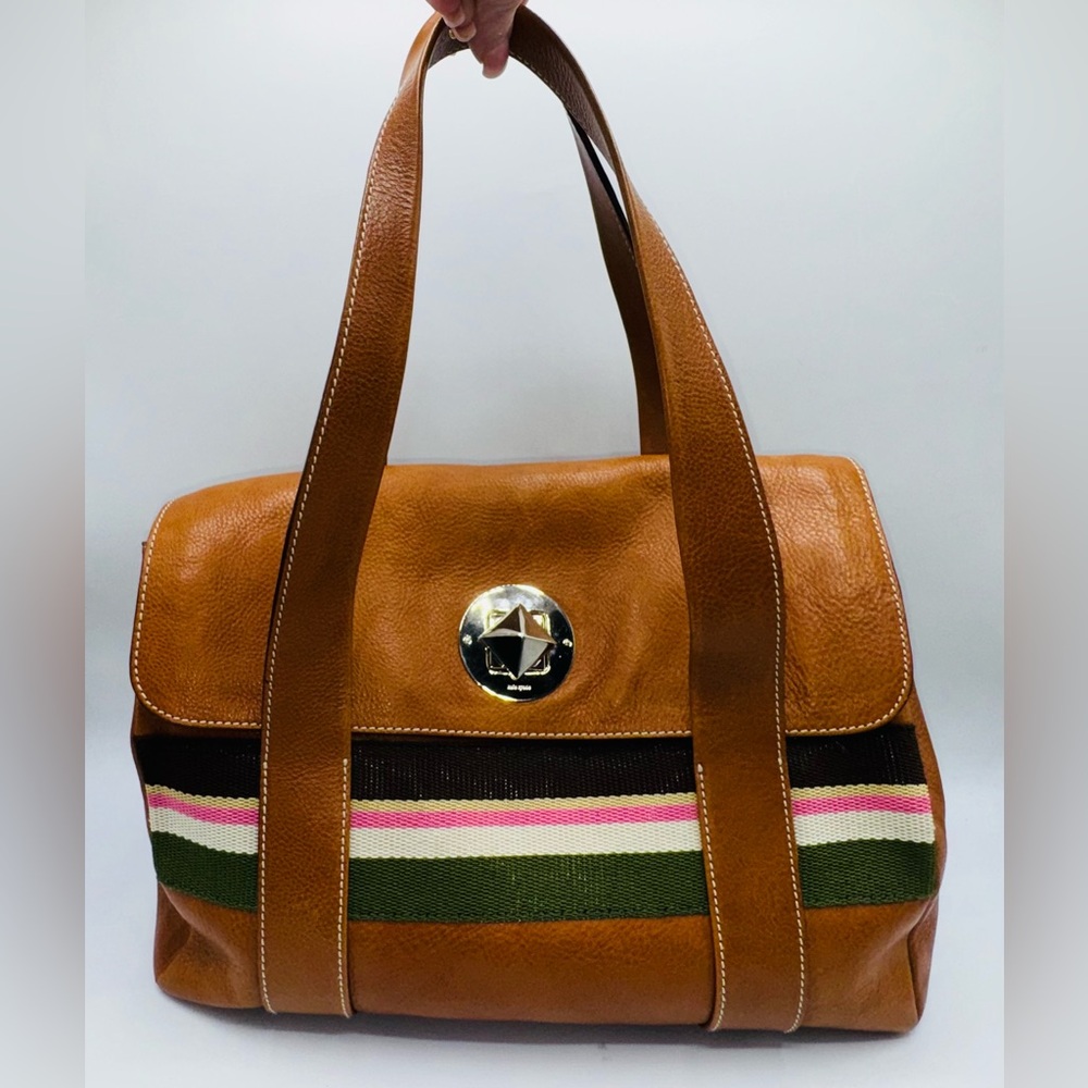 Kate Spade Leather Sienna Hadley Tan Brown Canvas Stripes Hand Bag Tote Y2K